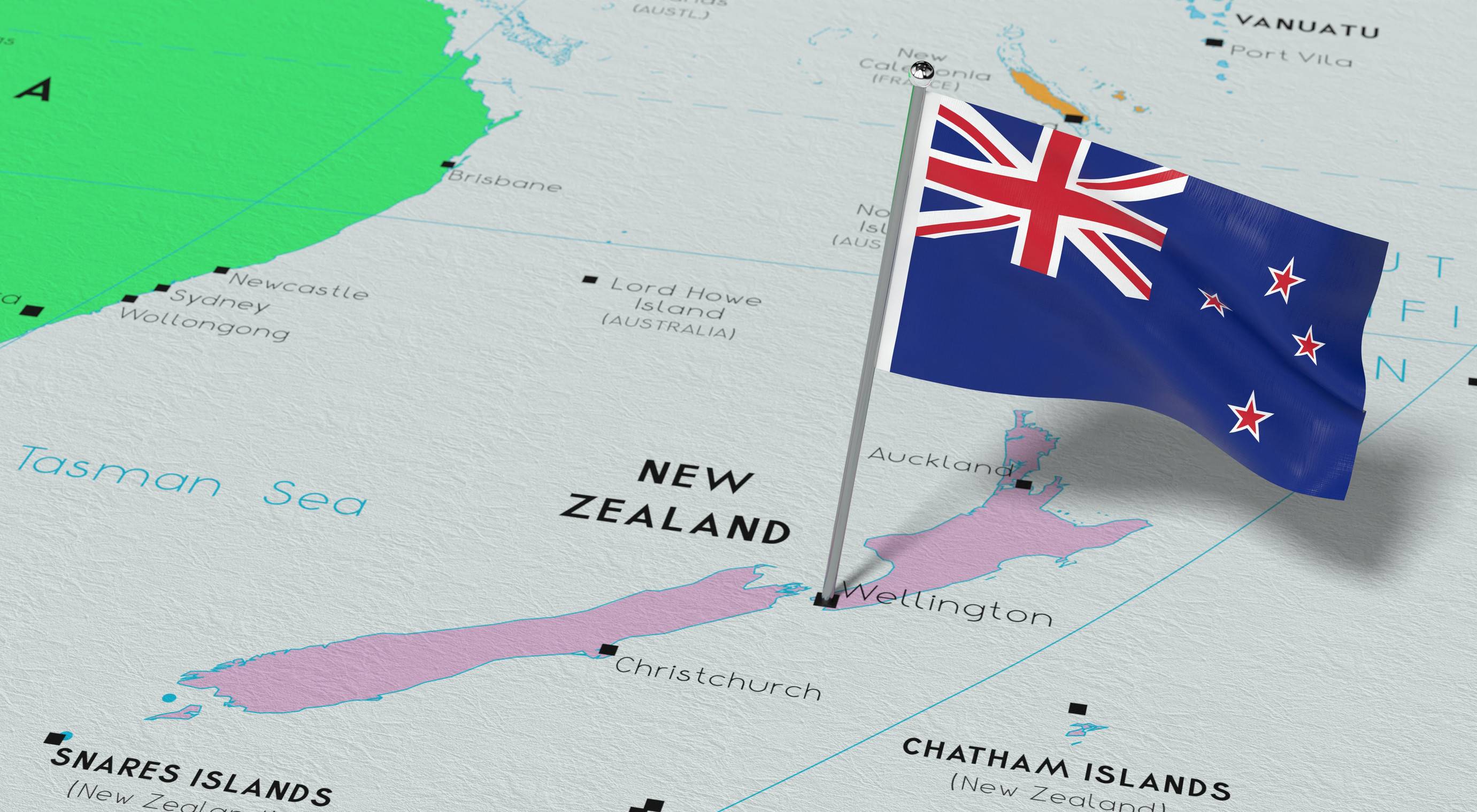 Map of New Zealand with the national flag placed near Wellington