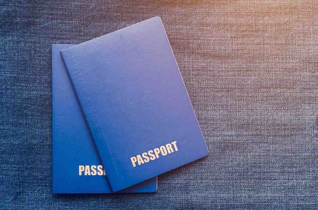 Two Blue Passports On A Blue Background