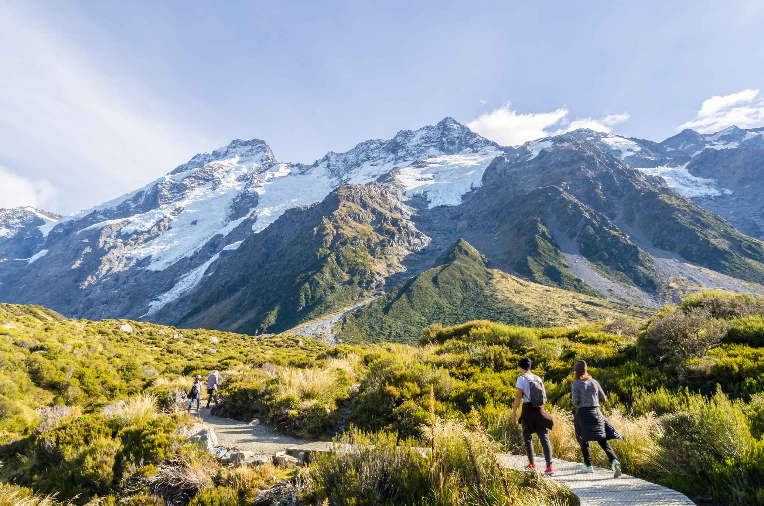Travelers trekking to Mount Cook National Park in New Zealand